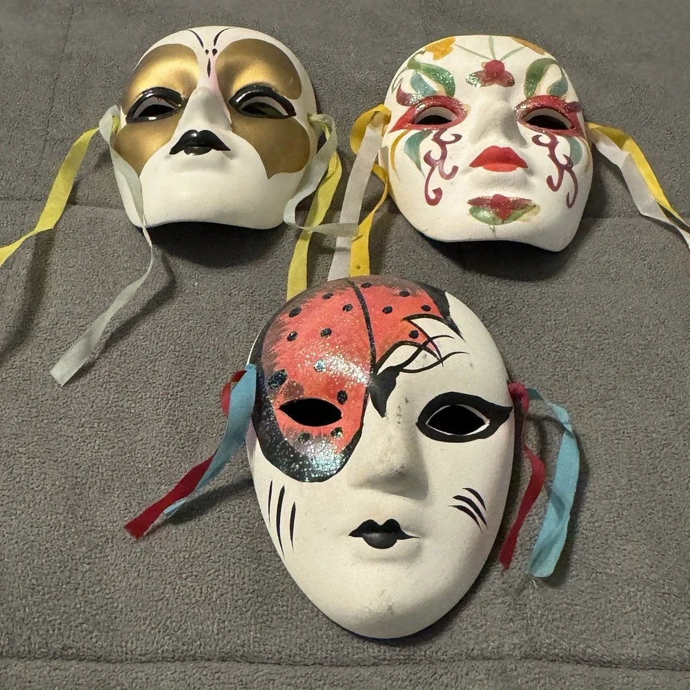 3 Vintage Mardi Gras Ceramic Hand Painted Matte Face Wall Masks